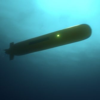 Autonomous underwater vehicle (AUV) rover-drone travelling under water surface to survey offshore pipeline