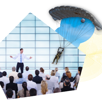 Graphic of solider parachuting on to a stage of a man giving a presentation