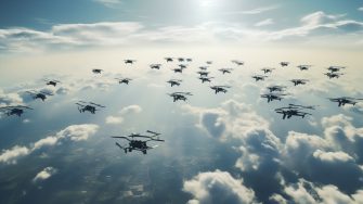 A fleet of autonomous drones managed by AI, flying in a coordinated formation in the sky. The image showcases the potential of AI in unmanned aerial systems.